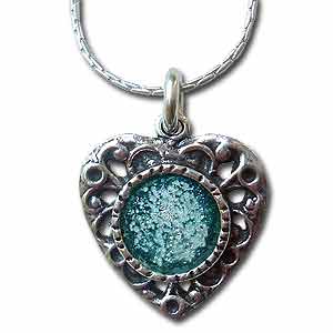 Sterling Silver and Roman Glass Heart Necklace by Michal Kirat