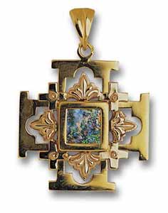14kt Gold Roman Glass Jerusalem Cross Pendant