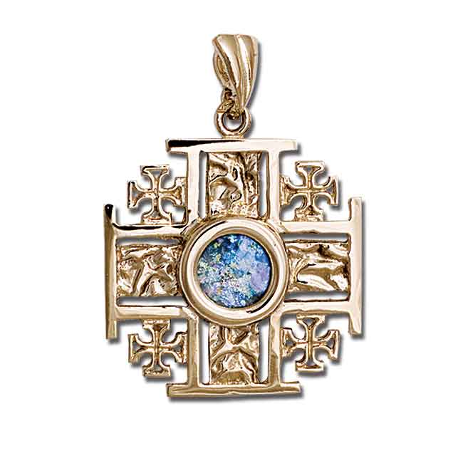 14kt Gold Roman Glass Jerusalem Cross Pendant Set with authentic 2000 ...