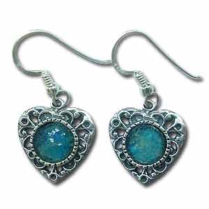 Sterling Silver and Roman Glass Heart Earrings by Michal Kirat