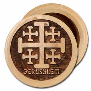 Runde Olivenholzdose mit Jerusalem Kreuz