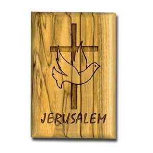 Carved Olive Wood magnet featuring the Cross, Dove of Peace and the word "Jerusalem"