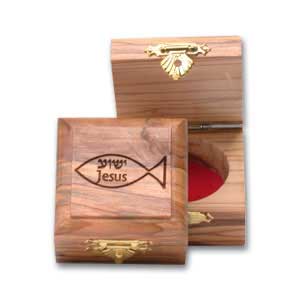 Holyland olive wood box decorated with Jesus/Yeshua Fish