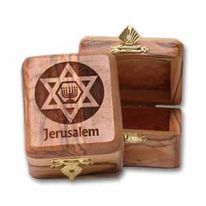 Star of David and Menorah Olive Wood Box