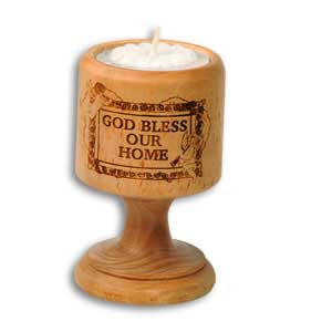 God Bless Our Home Olive Wood Candle Holder 
