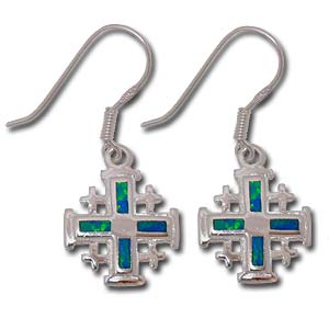 Dangling Synthetic Opal Earrings. Jerusalem Cross.