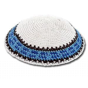 Knit White Kippah with Blue Decoration