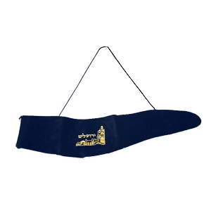 Shofar Bag. Navy Blue Velvet with Jerusalem of Gold