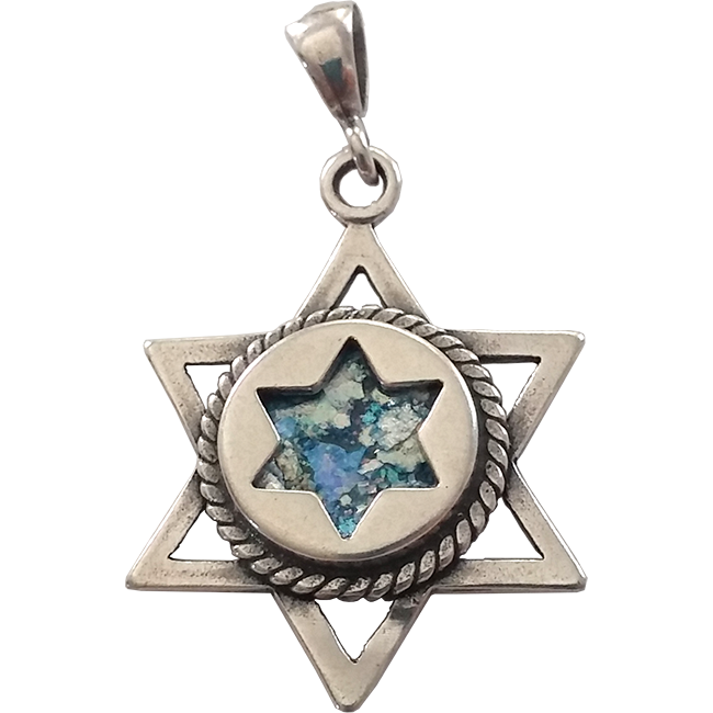 Sterling Silver Roman Glass Star of David Pendant Set with 2000 year ...