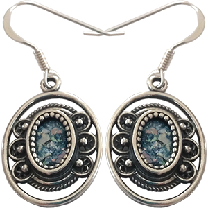 Sterling Silver Oval Earrings Set with Roman Glass