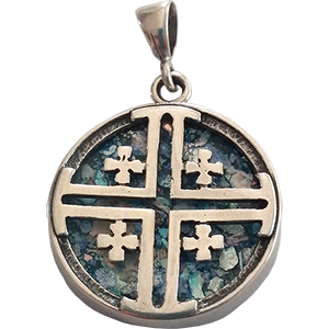 Sterling Silver Roman Glass Round Jerusalem Cross