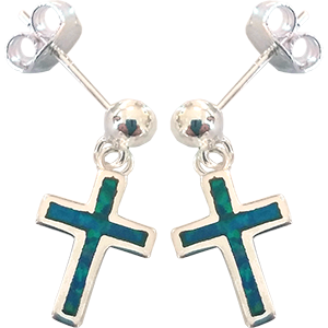 Cross Sterling Silver with Synthetic Opal Dangling Post Earrings